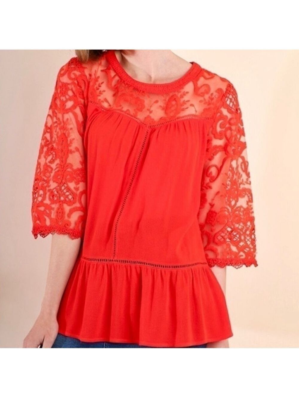 Umgee Embroidered BoHo Sheer Festival Lace Gauzy Cotton Pullover Blouse Top M H1